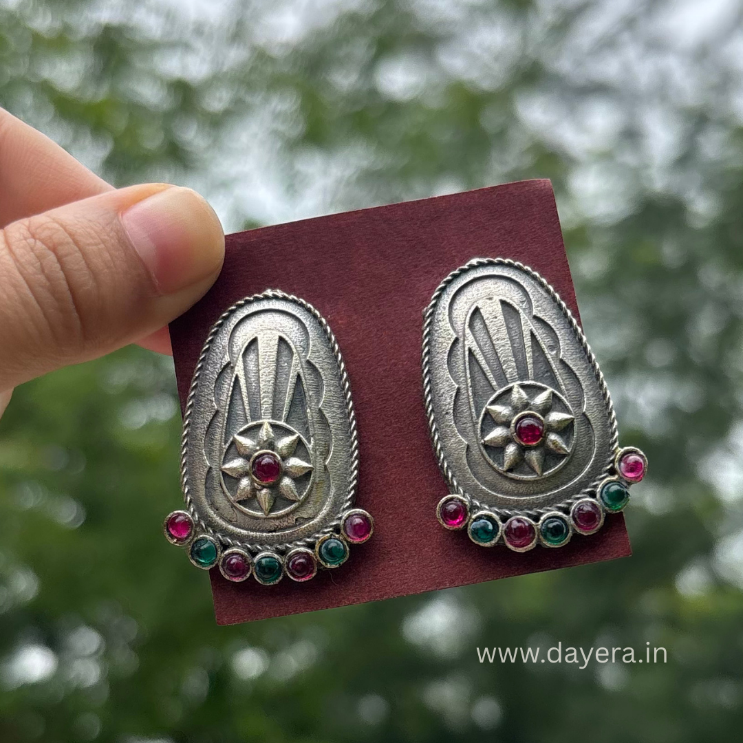 Antique Shield Danglers – Premium German Silver Earrings by DAYERA
