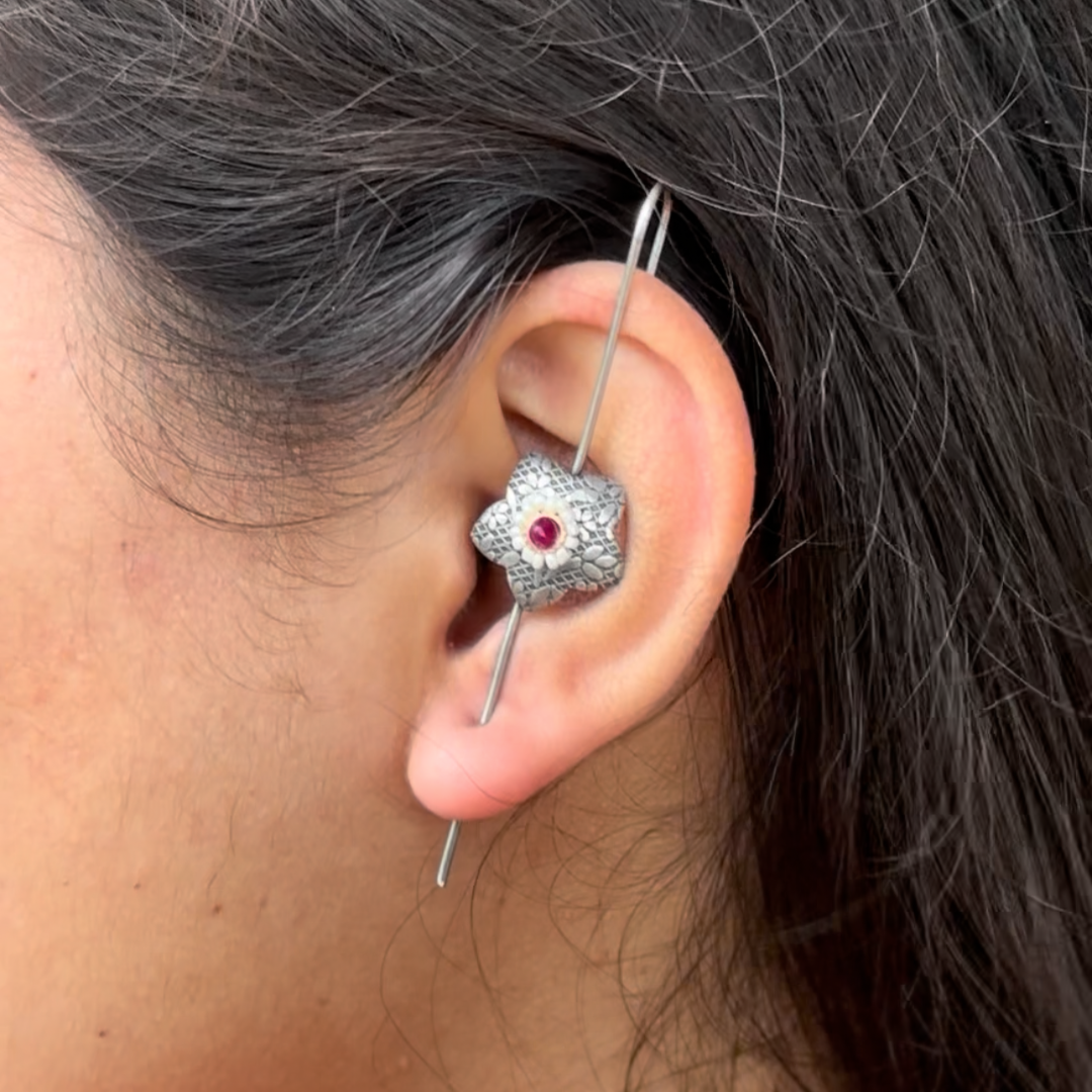 Sitara Pin Earcuffs – Handcrafted German Silver Floral Pin Earcuffs by DAYERA | Our Bestseller
