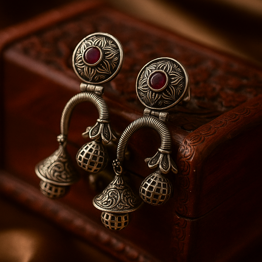 Antique Dome Jhumkas – Premium German Silver Earrings by DAYERA | Our Bestseller