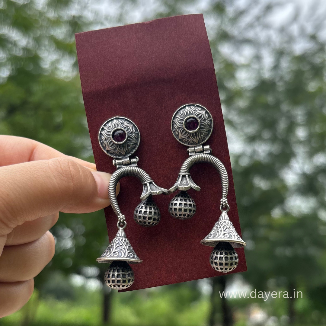 Antique Dome Jhumkas – Premium German Silver Earrings by DAYERA | Our Bestseller