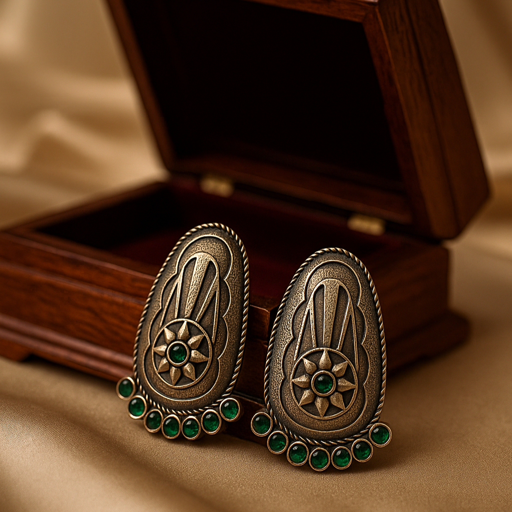 Antique Shield Danglers &nbsp;– Premium German Silver Earrings by DAYERA