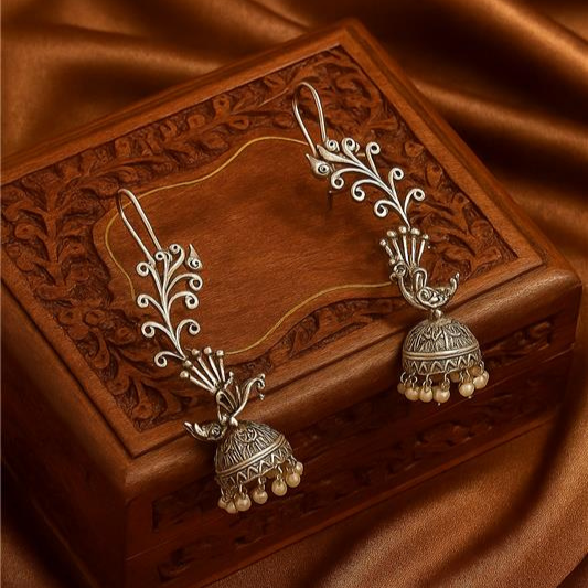 Leaf & Bird Jhumkas – Premium German Silver Earrings by DAYERA