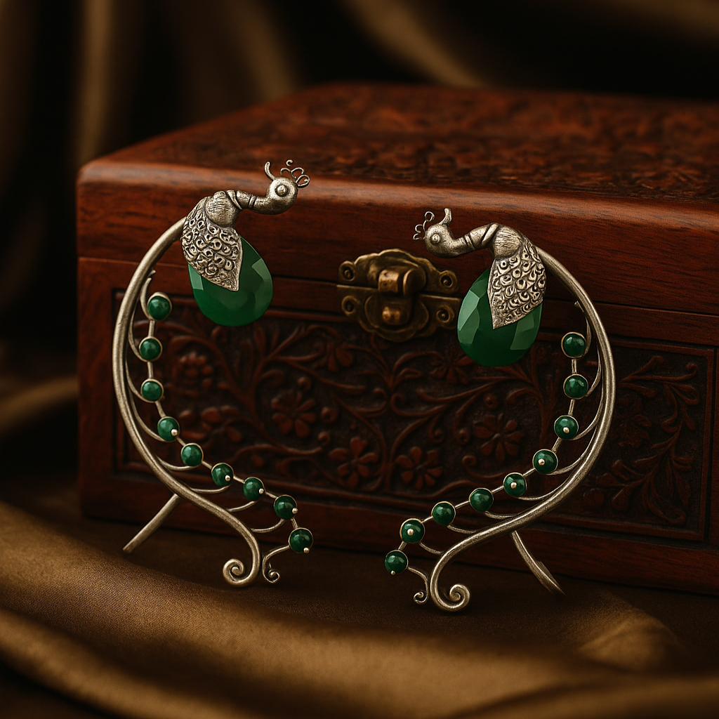 Regal Peacock – Premium German Silver Earrings by DAYERA