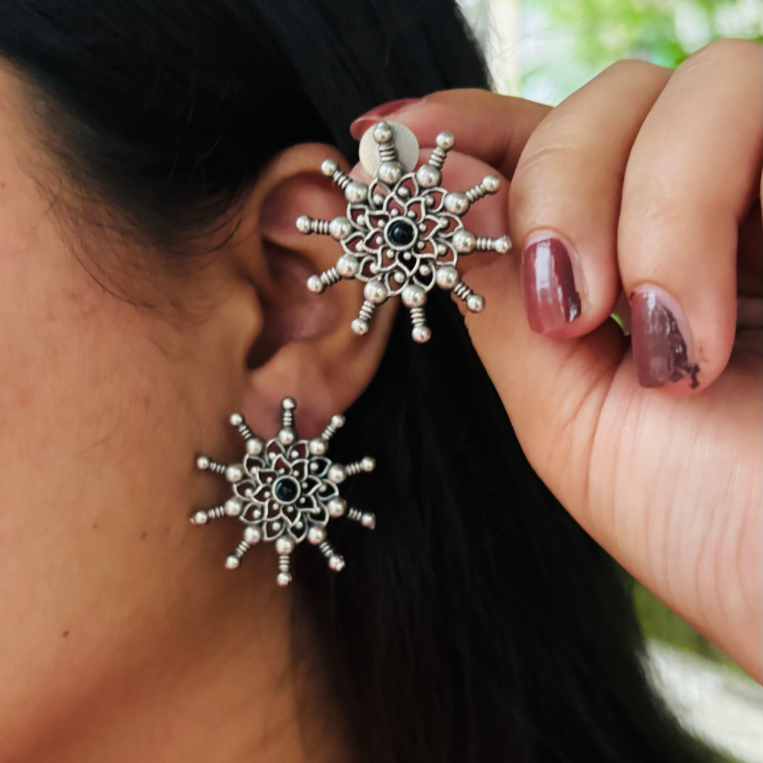 Surya Kalika – Premium German Silver Sunburst Studs by DAYERA | Our Bestseller
