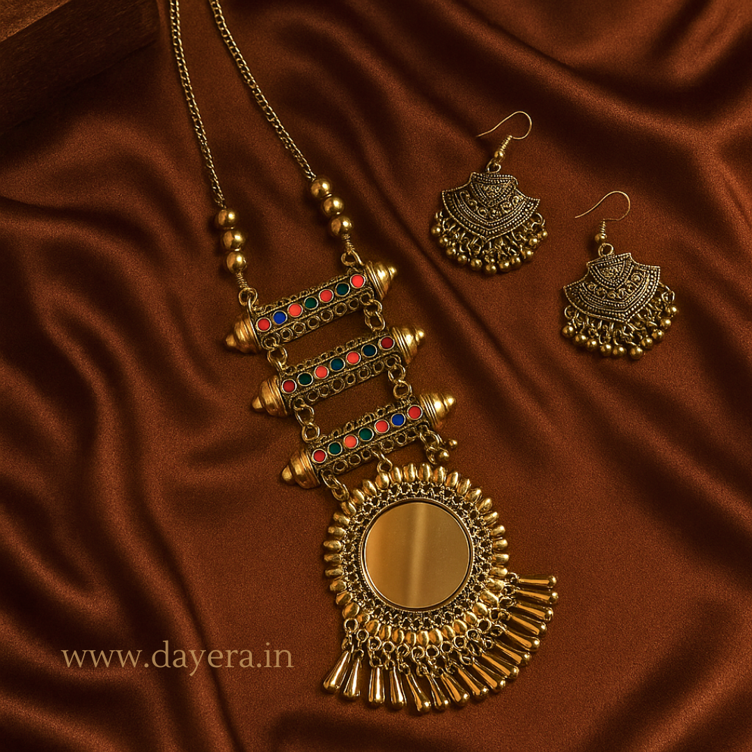 Tribal Muse by DAYERA – Antique Mirror Pendant Necklace & Earring Set by DAYERA