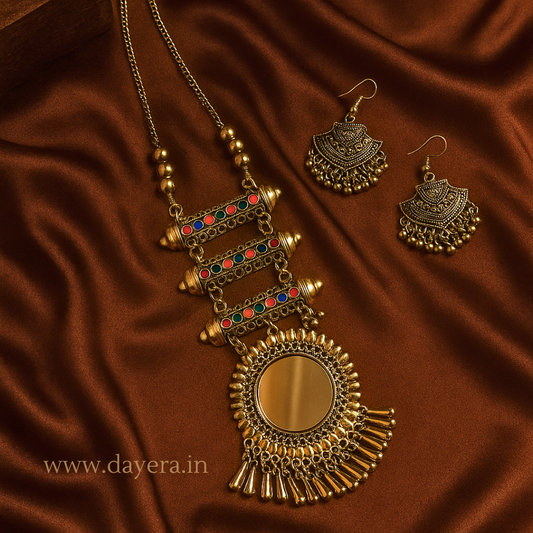 Tribal Muse by DAYERA – Antique Mirror Pendant Necklace & Earring Set by DAYERA