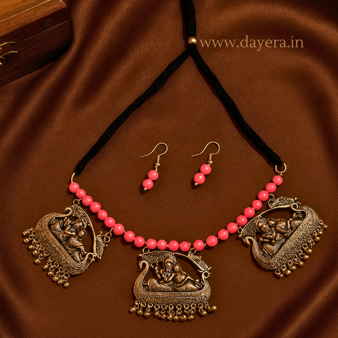 Triveni Haar Radha Krishna – Triple Medallion Ethnic Oxidized Necklace Set with Earrings by DAYERA