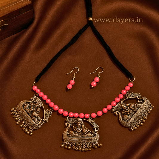 Triveni Haar Radha Krishna – Triple Medallion Ethnic Oxidized Necklace Set with Earrings by DAYERA