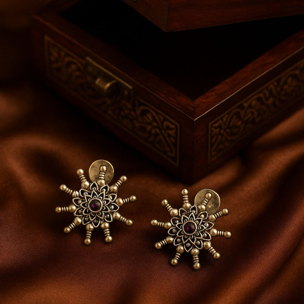 Surya Kalika – Premium German Silver Sunburst Studs by DAYERA | Our Bestseller
