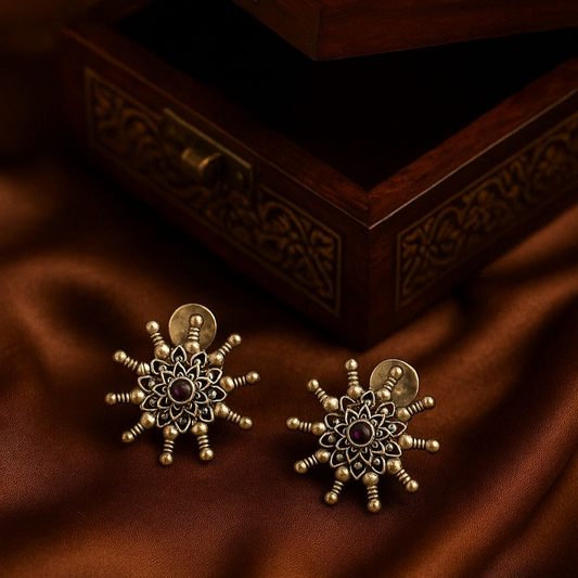 Surya Kalika – Premium German Silver Sunburst Studs by DAYERA | Our Bestseller