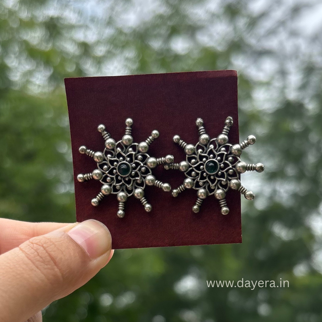 Surya Kalika – Premium German Silver Sunburst Studs by DAYERA | Our Bestseller