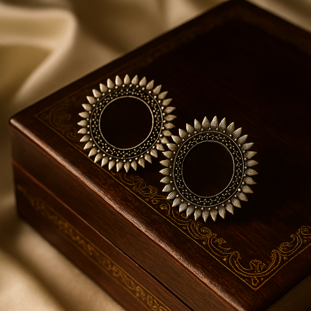 Pushpa Chakra Studs – Premium German Silver Earrings by DAYERA