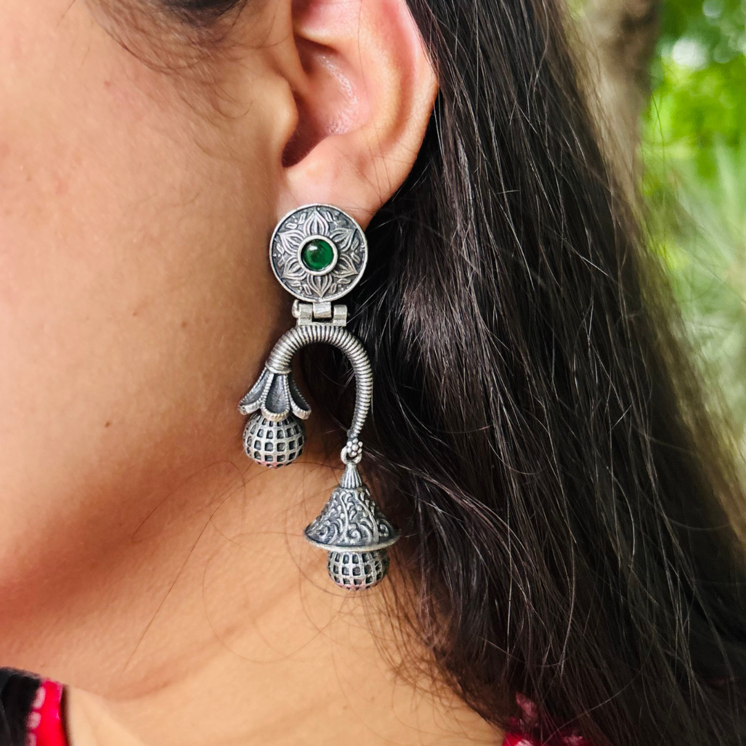 Antique Dome Jhumkas – Premium German Silver Earrings by DAYERA | Our Bestseller