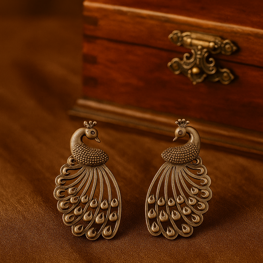 Mayura Studs – Handcrafted German Silver Peacock Earrings by DAYERA
