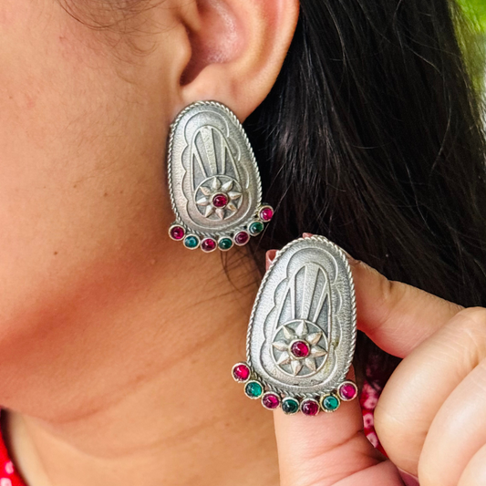 Antique Shield Danglers &nbsp;– Premium German Silver Earrings by DAYERA