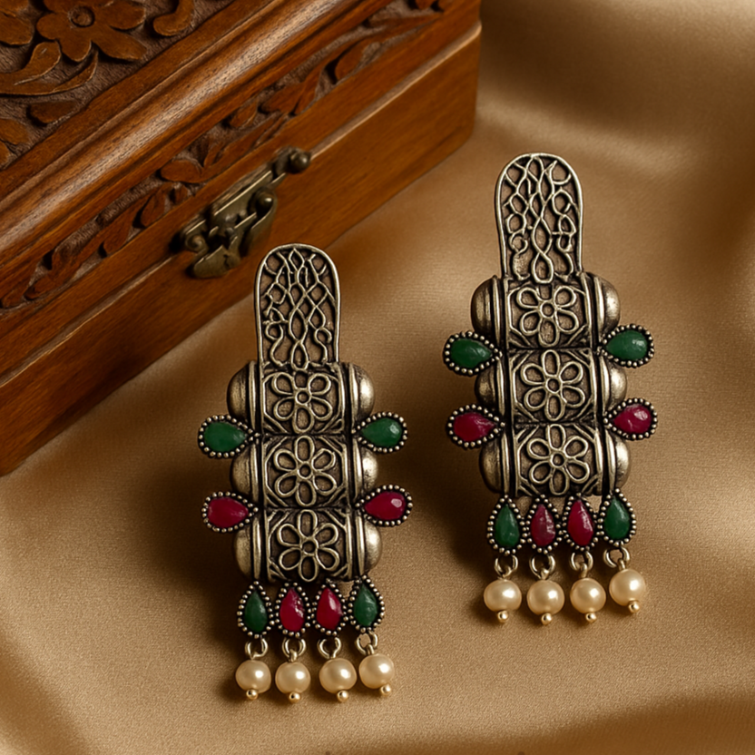 Floral Cascade Danglers – Premium German Silver Earrings by DAYERA