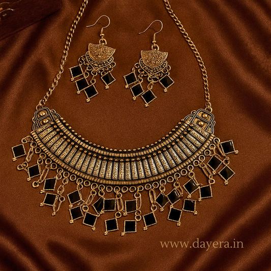 Afgani Necklace – Statement Black Stone Tribal Jewelry Set with Earrings by DAYERA