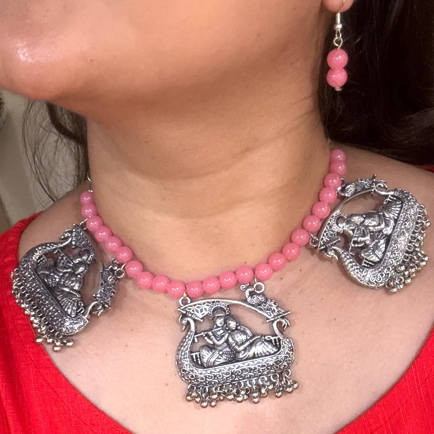 Triveni Haar Radha Krishna – Triple Medallion Ethnic Oxidized Necklace Set with Earrings by DAYERA